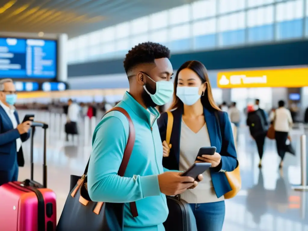 Viajeros globales con seguro de salud en aeropuerto moderno Un grupo de viajeros diversos en un aeropuerto moderno, verificando su seguro internacional de enfermedades inmunológicas mientras esperan en la fila