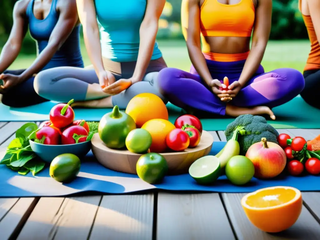 Vitalidad y bienestar: ejercicio, frutas y vegetales Un grupo vibrante y diverso disfruta de una actividad al aire libre mientras se rodea de frutas y verduras frescas