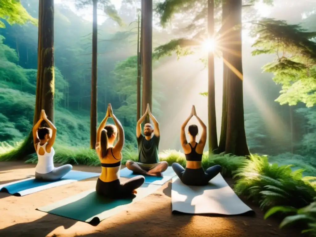 Yoga en el bosque: armonía y serenidad Grupo practicando yoga en la naturaleza, creando armonía con el entorno