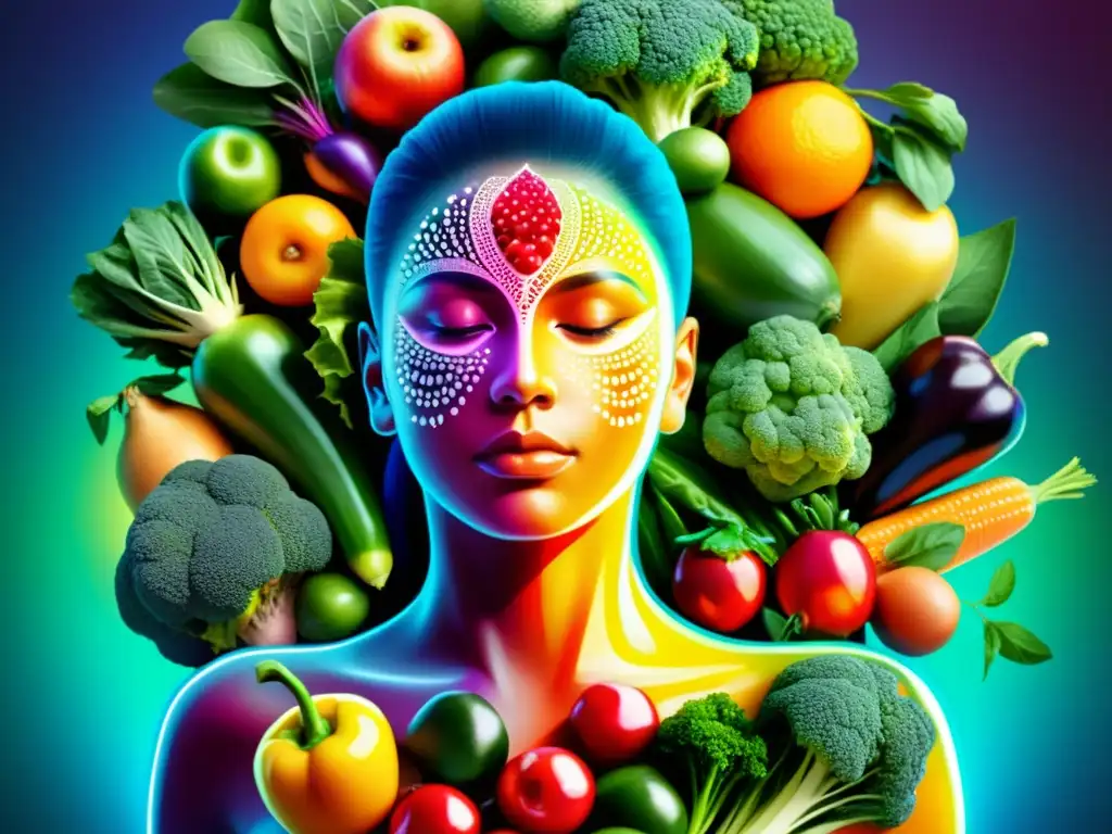 Guerrero interior fortalecido: ilustración digital de vitalidad y nutrición Un guerrero interno fortalecido por vitaminas para fortalecer el sistema inmunológico, rodeado de frutas y verduras vibrantes y detalladas
