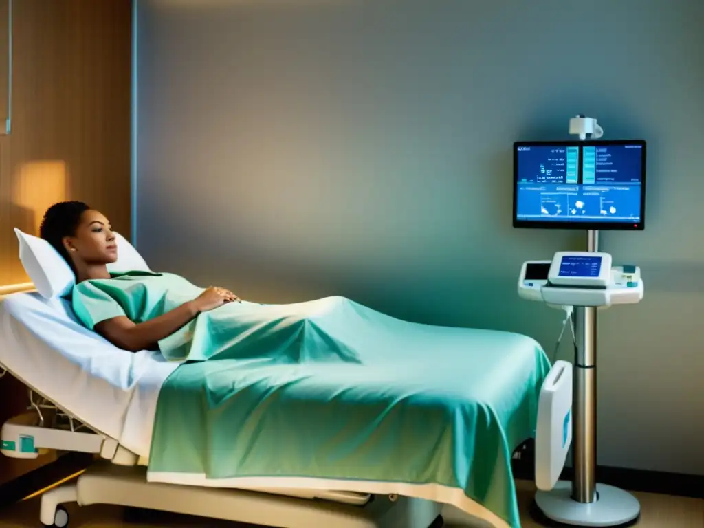 Avanzada inmunoterapia en hospital moderno Una habitación hospitalaria moderna con un paciente recibiendo inmunoterapia, equipo médico y una atmósfera tranquilizadora