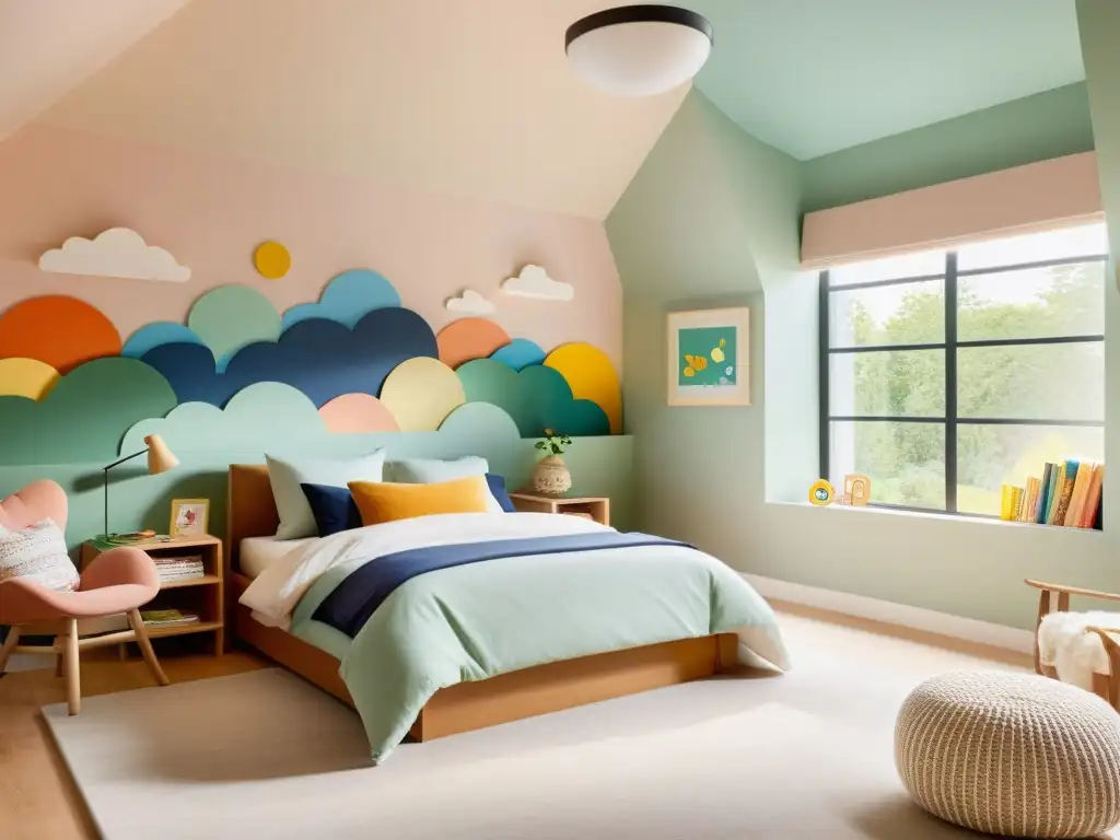 Dormitorio infantil sereno con cama nube y mural natural Una habitación infantil moderna y serena con paredes suaves de colores pastel, una cama acogedora tipo nube y un mural inspirado en la naturaleza