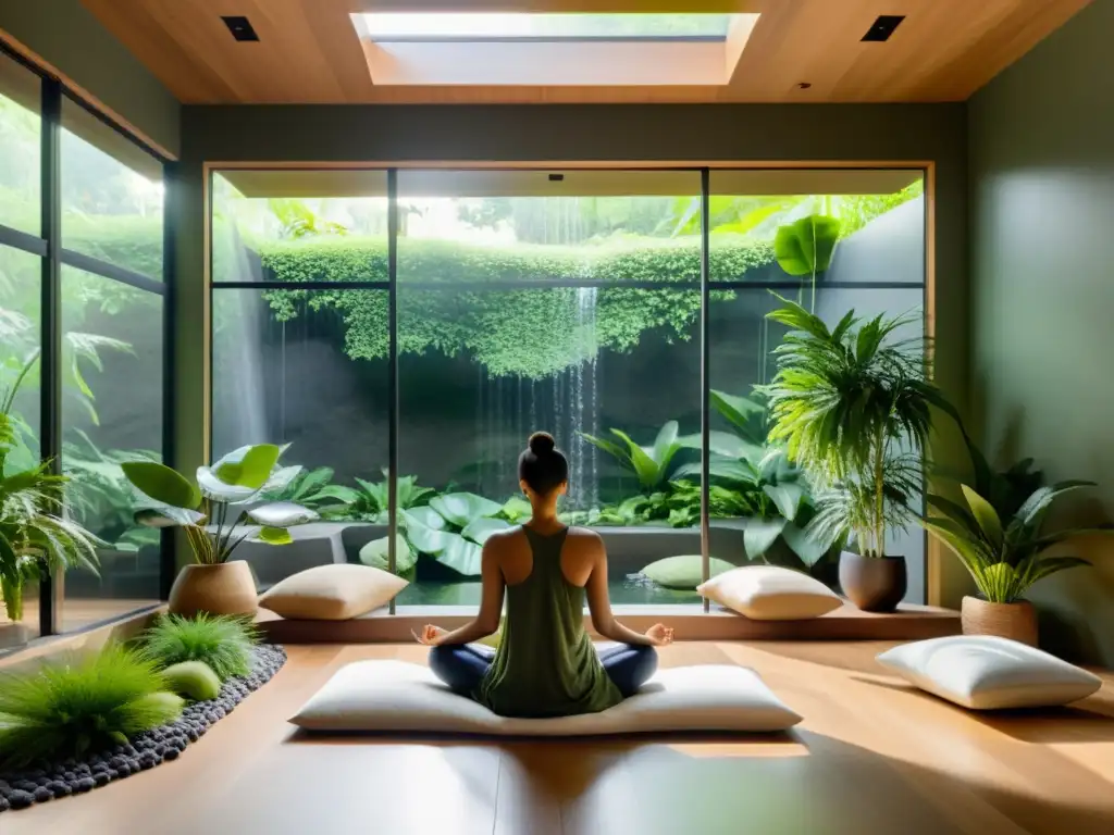 Serenidad y meditación en un moderno espacio con luz natural Una habitación de meditación moderna y serena con luz natural
