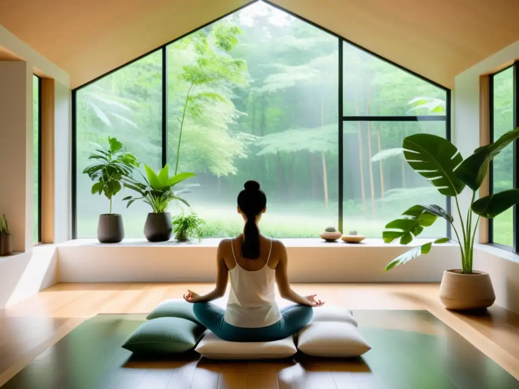 Sala de meditación serena con vistas al bosque Una habitación de meditación moderna y serena con vista a un exuberante bosque