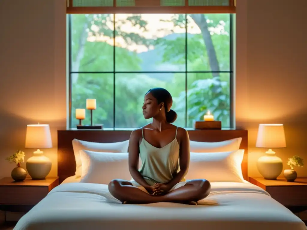 Retiro tranquilo: Meditación para un sueño reparador Una habitación serena con cama grande y cómoda, invita a la meditación para mejorar la calidad del sueño