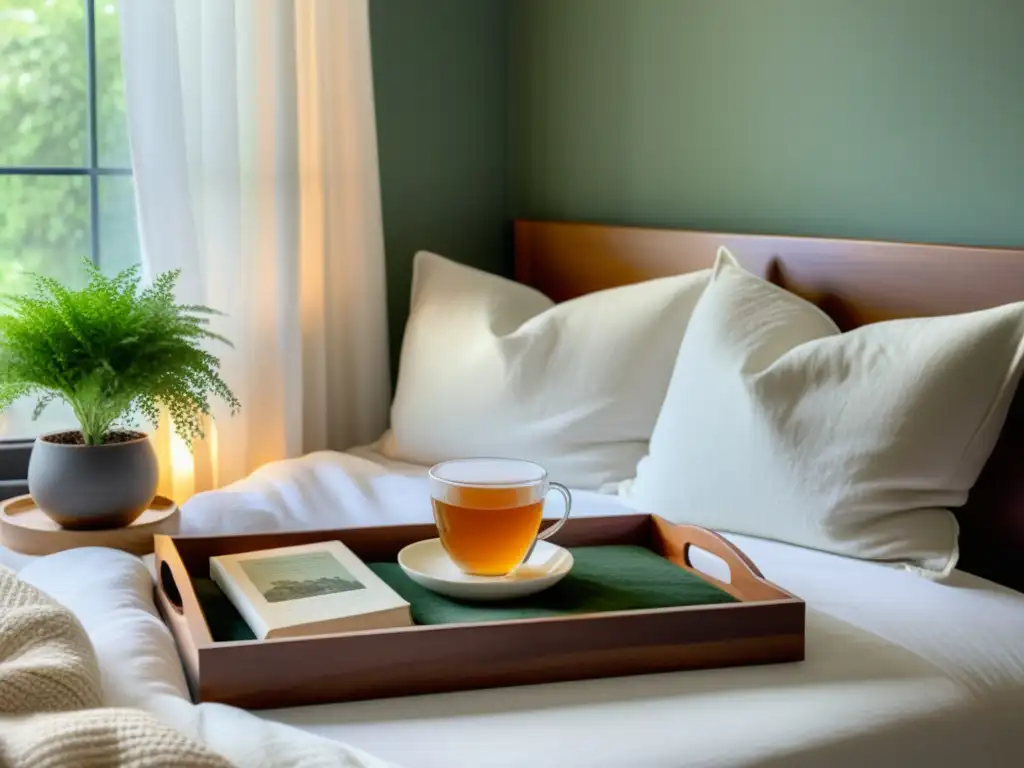 Una habitación serena con luz natural, cama impecable, té y libro en la mesita, plantas verdes