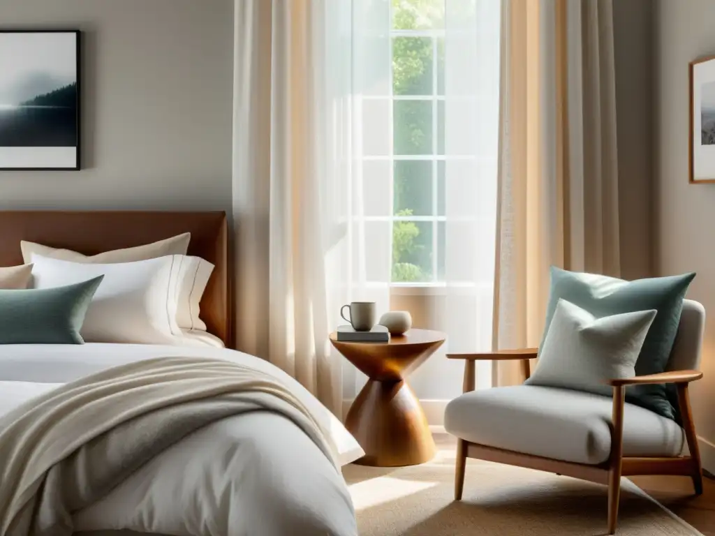 Una habitación serena con luz suave y difusa, cama hecha con sábanas blancas y tonos neutrales