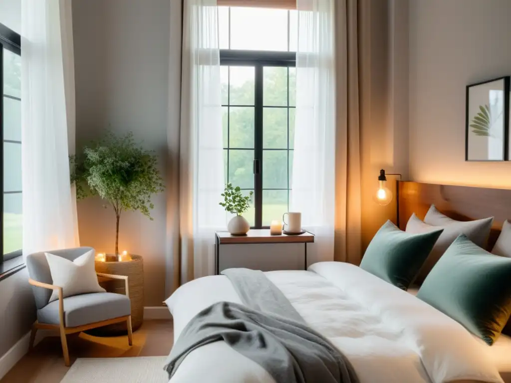 Habitación serena con cama acogedora y ambiente relajante Una habitación serena con luz suave, cama cómoda, almohadas mullidas y edredón acogedor