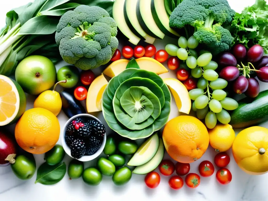 Arte Nutritivo: Frutas y Verduras Frescas en Mármol Blanco Una hermosa composición de frutas y verduras frescas en una encimera de mármol blanco