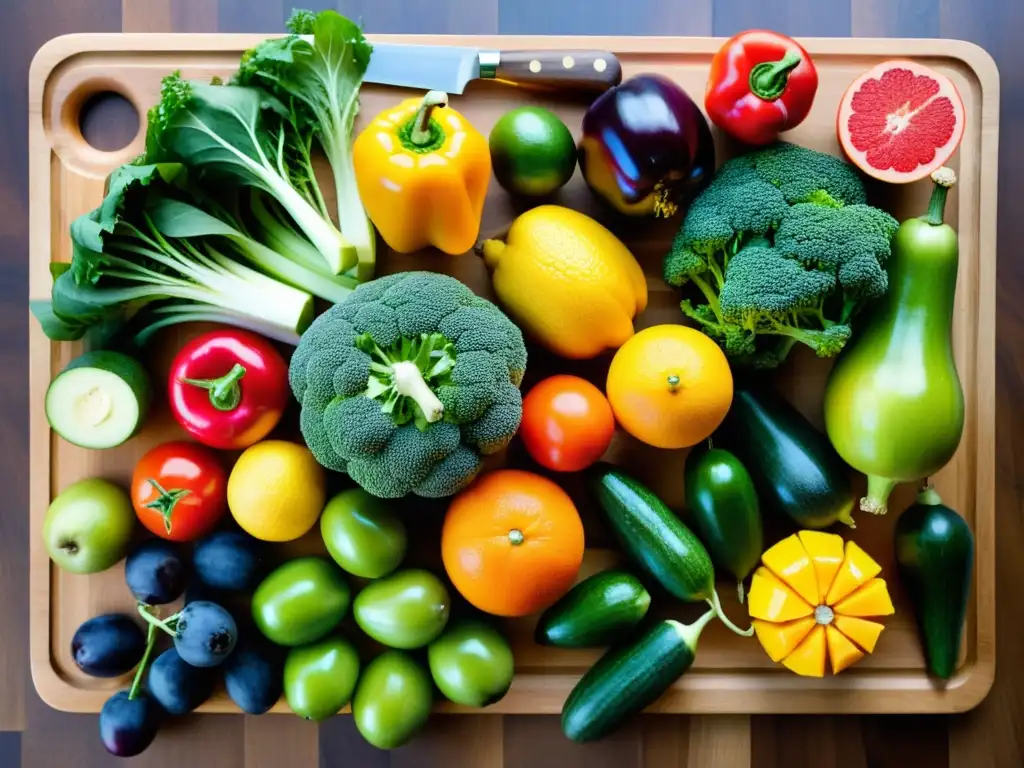 Arte natural: Frutas y verduras frescas en tabla de madera Una hermosa exhibición de frutas y verduras frescas, que invita a la alimentación consciente para fortalecer el sistema inmunológico