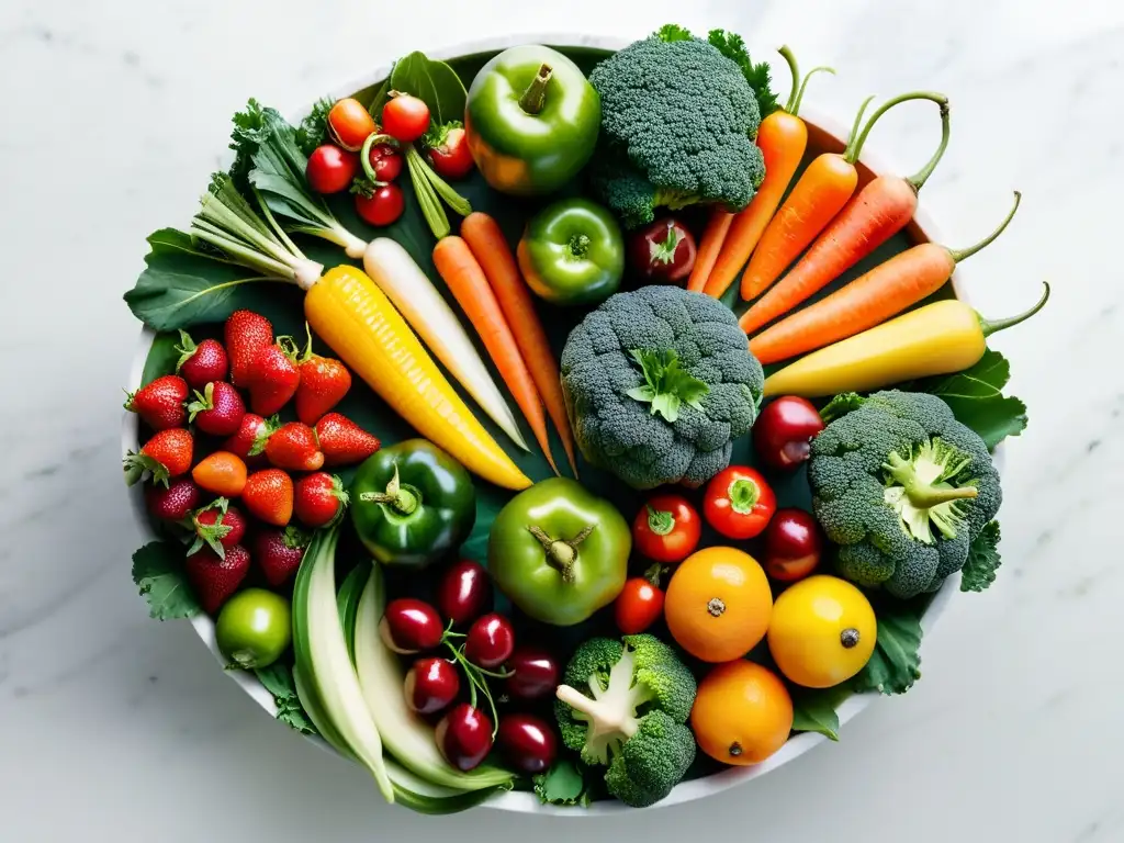 Arcoíris de Frutas y Verduras Frescas en Encimera de Mármol Blanco Una hermosa exhibición de frutas y verduras frescas en un patrón circular sobre una encimera de mármol blanco