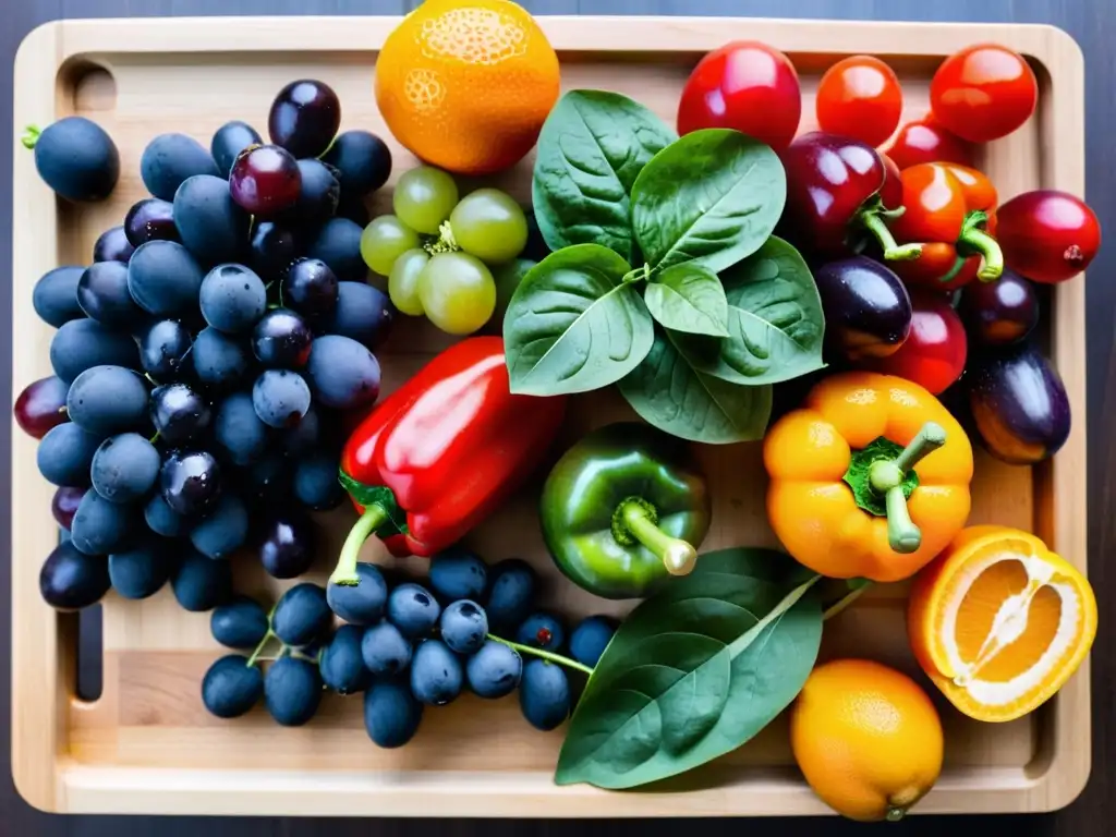 Arreglo vibrante de frutas y verduras para fortalecer la inmunidad Un hermoso arreglo de frutas y verduras coloridas en una tabla de cortar de madera, con gotas de agua brillando suavemente en la luz natural