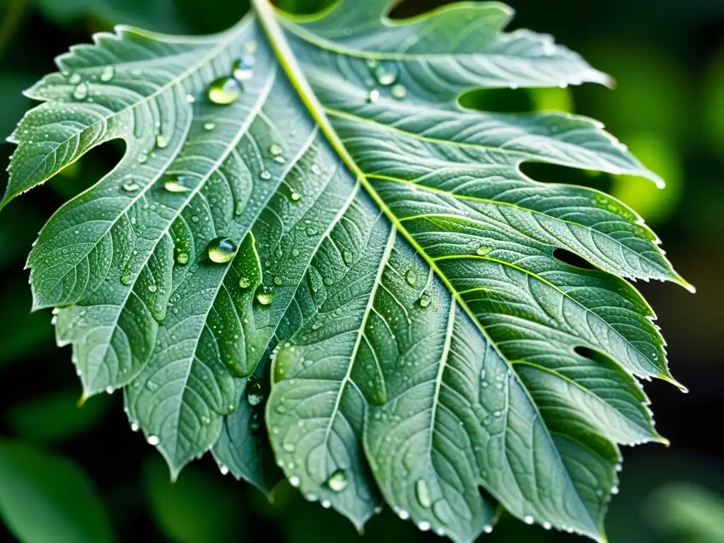Hoja cubierta de rocío: detalle y belleza natural Una hoja cubierta de rocío brilla como joyas en la luz de la mañana