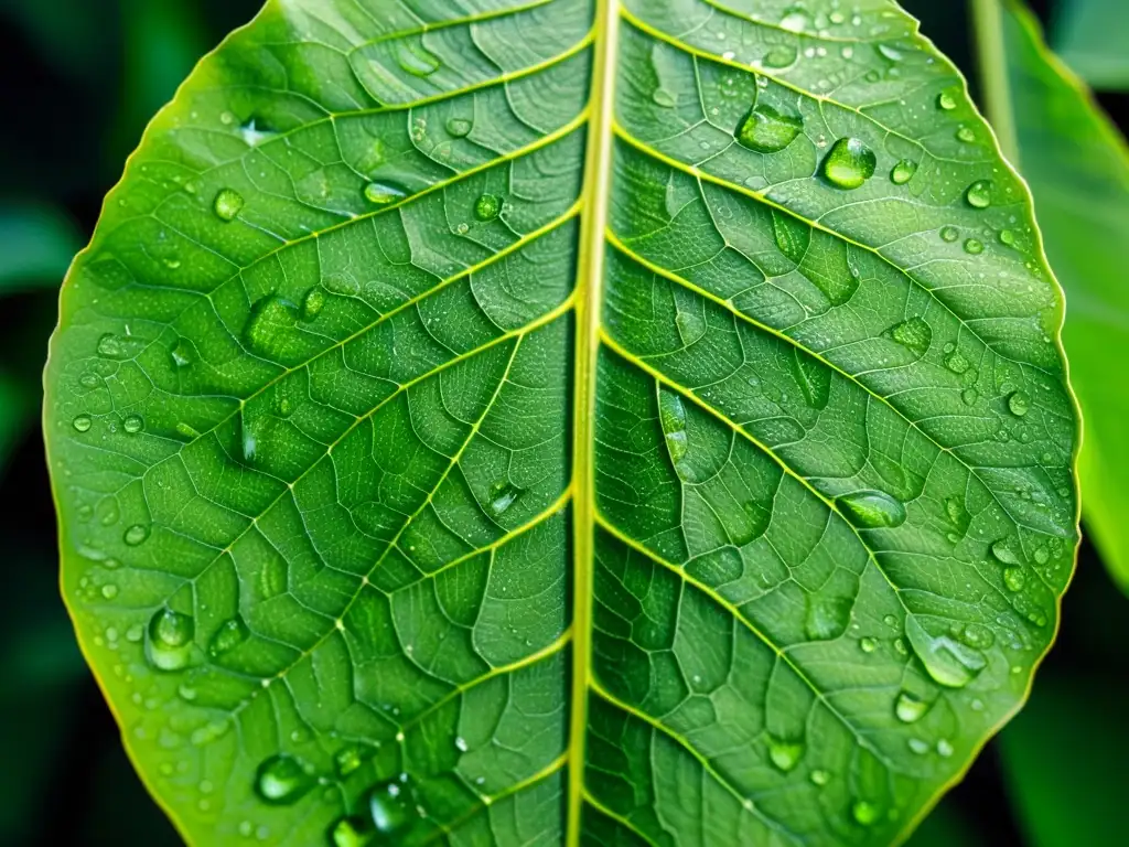 Hoja verde exuberante: detalle asombroso Una hoja exuberante y vibrante, con venas intrincadas y gotas de agua brillando al sol