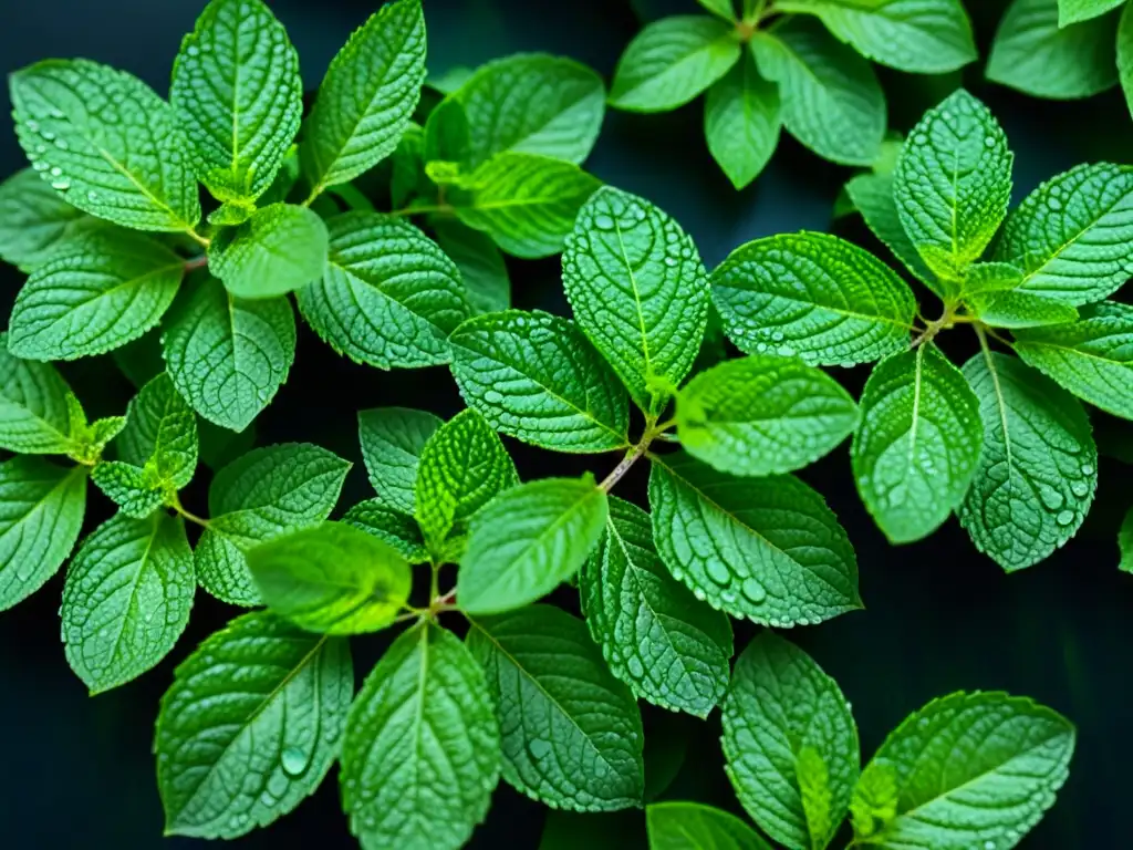 Menta fresca con gotas de agua: detalle ultrarrealista 'Hoja de menta fresca con gotas de agua, resplandeciente en contraste con fondo oscuro, mostrando beneficios de la menta para inmunidad'