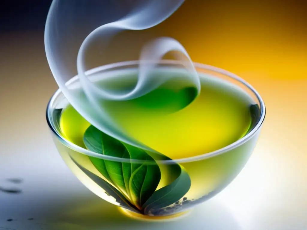 Una hoja de té verde se despliega en agua caliente, con vapor ascendente