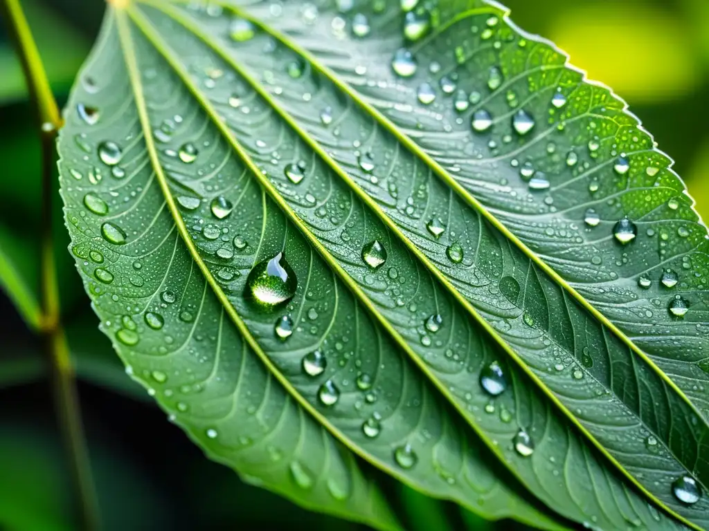 Hoja vibrante con gotas de agua, luz y sombra Una hoja verde exuberante cubierta de gotas de agua, reflejando la luz del sol