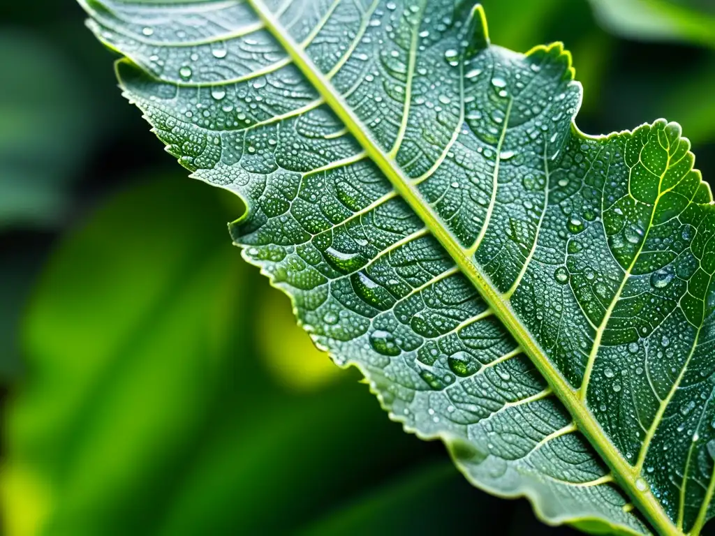 Una hoja verde con gotas de rocío, iluminada por luz natural, revelando sus delicadas venas