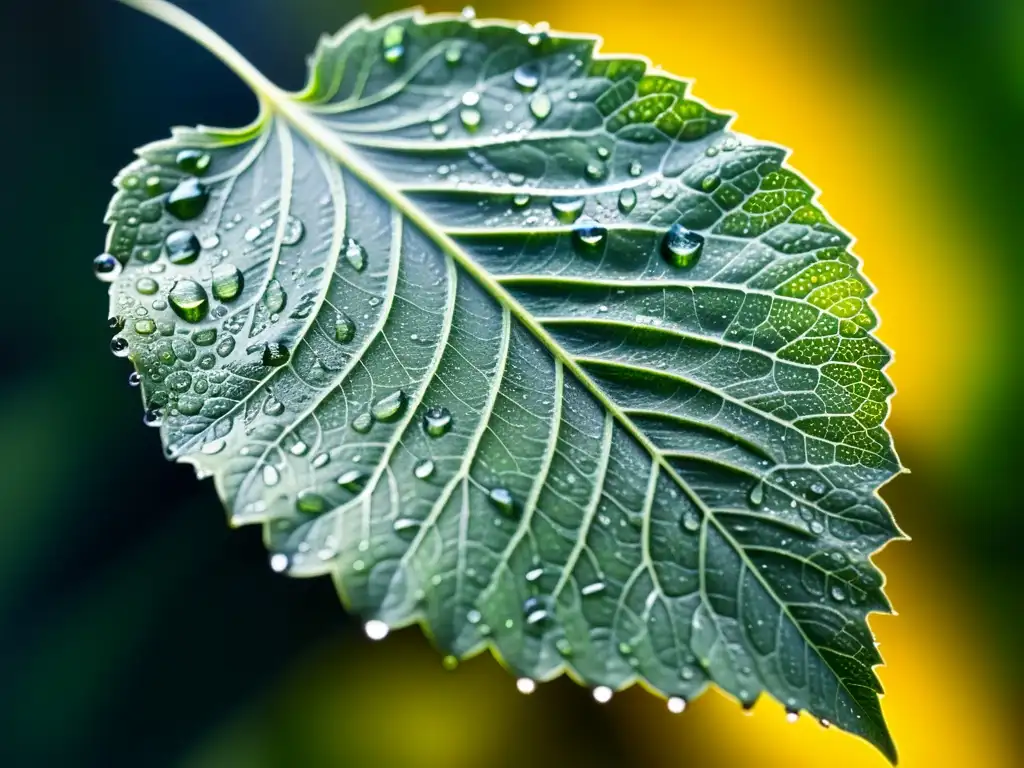 Hoja verde con gotas de agua: belleza natural en detalle Una hoja verde vibrante cubierta de gotas de agua, con venas y texturas visibles en detalle