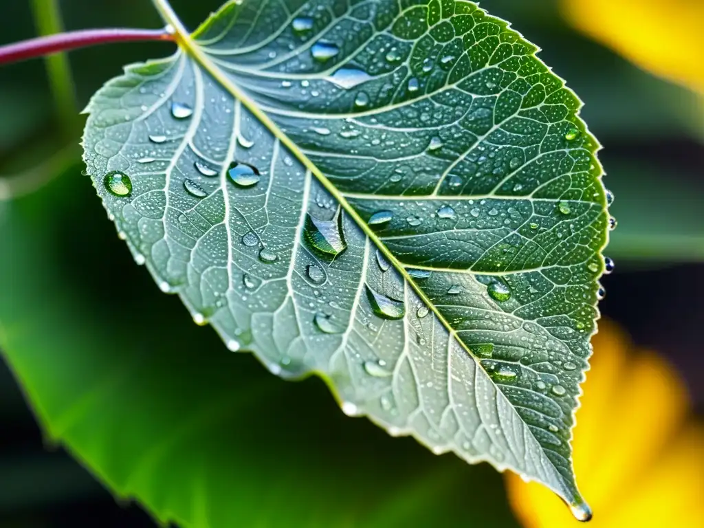 Detalle asombroso: hoja verde con gotas de agua brillantes Una hoja verde vibrante cubierta de gotas de agua, con luz solar creando un juego de sombras y reflejos