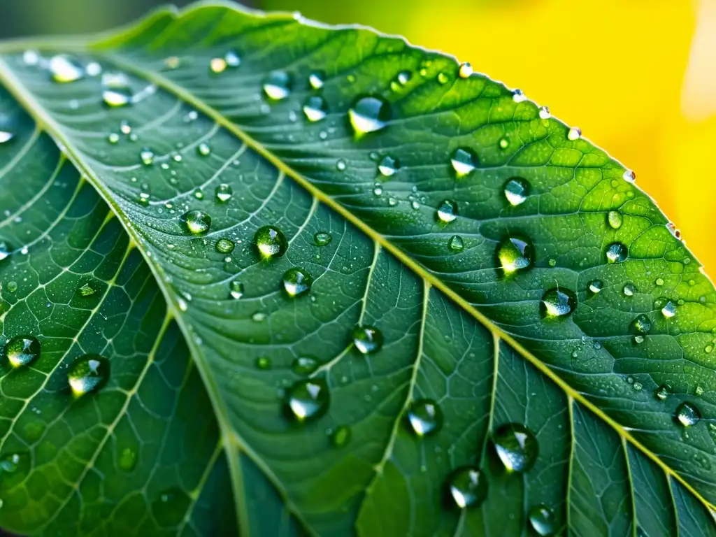 Hoja vibrante cubierta de rocío bajo la luz del sol Una hoja verde vibrante cubierta de gotas de rocío, con luz solar filtrándose a través de las gotas para crear un efecto brillante y etéreo