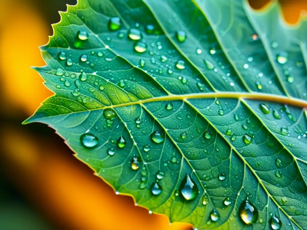 Detalle hipnótico: hoja verde con gotas de agua bajo la luz dorada Una hoja verde vibrante cubierta de gotas de agua, iluminada por la suave luz dorada