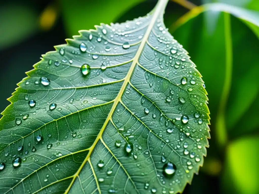 Espectacular hoja verde con gotas de agua Una hoja verde vibrante cubierta de diminutas gotas de agua, con luz solar creando un espectáculo de colores