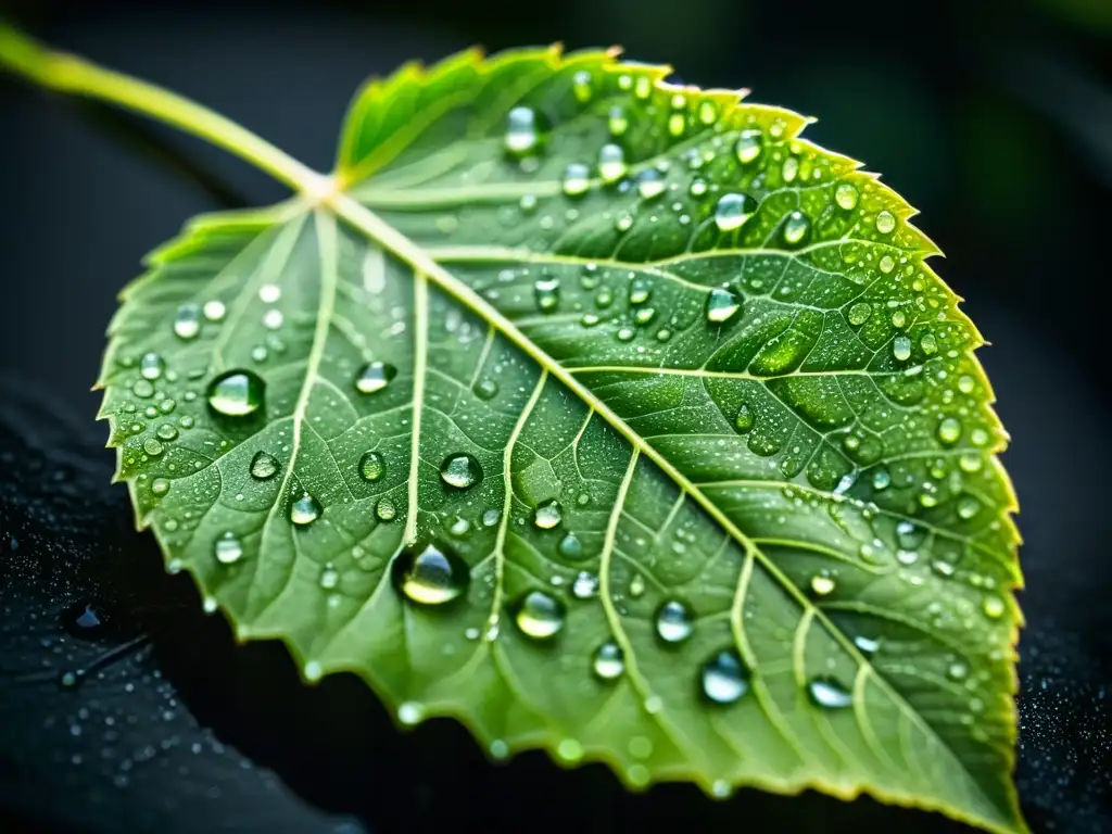 Una hoja verde vibrante cubierta de gotas de agua, con venas e pelos visibles