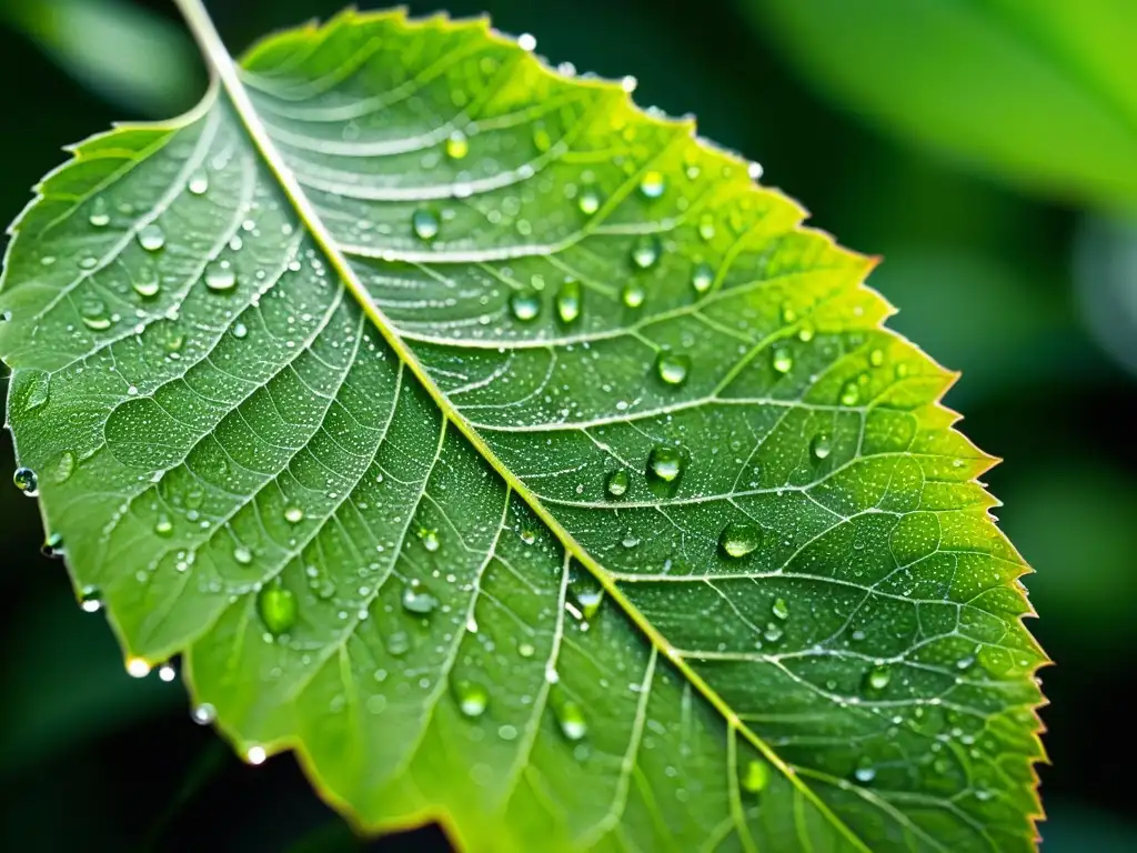 Gotas de rocío en hoja verde: belleza natural en alta resolución Una hoja verde vibrante cubierta de delicadas gotas de agua, iluminada por suave luz solar