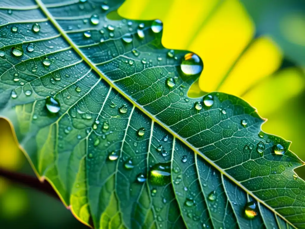 Espectacular hoja verde con gotas de agua y luz solar Una hoja verde vibrante cubierta de gotas de agua, con la luz del sol creando un espectro de colores