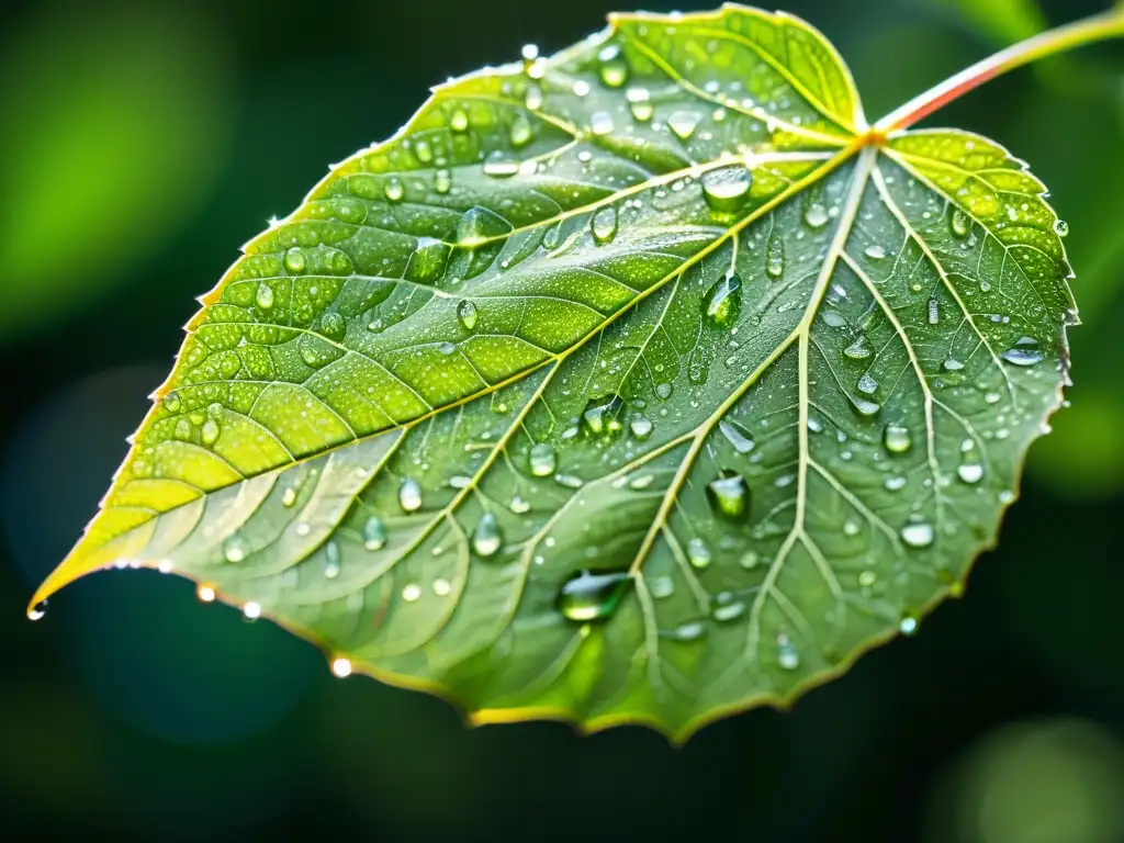 Una hoja verde vibrante cubierta de pequeñas gotas de agua brillantes, con la luz del sol resaltando sus intrincadas venas, mostrando la belleza y pureza de la naturaleza, beneficios del selenio en inmunidad