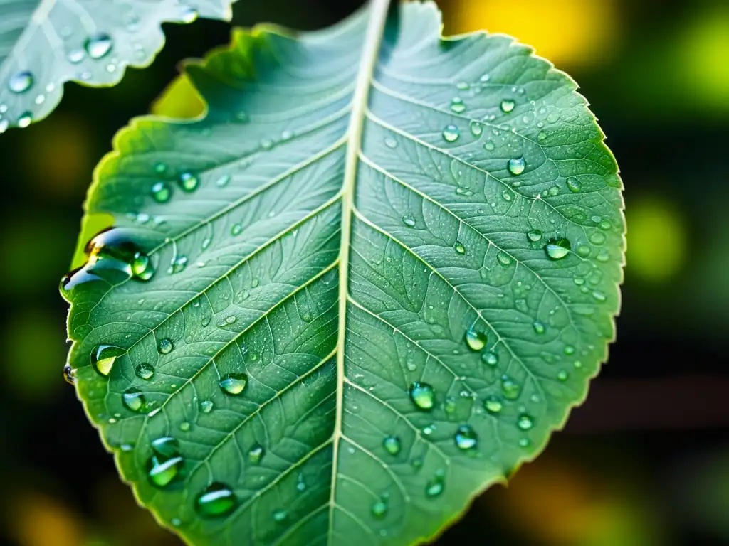 Hoja verde con gotas de agua: naturaleza en detalle Una hoja verde vibrante cubierta de delicadas gotas de agua, iluminada por suave luz solar