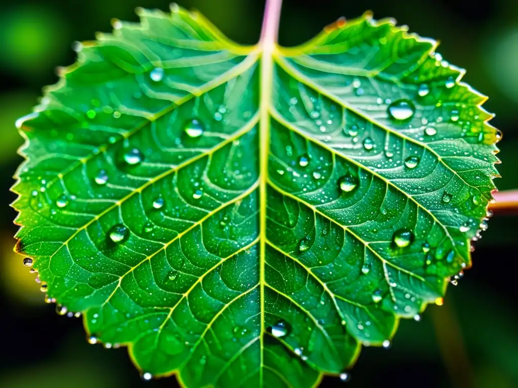 Gotas de rocío en hoja verde: pureza y vitalidad Una hoja verde vibrante cubierta de rocío, iluminada por suave luz solar