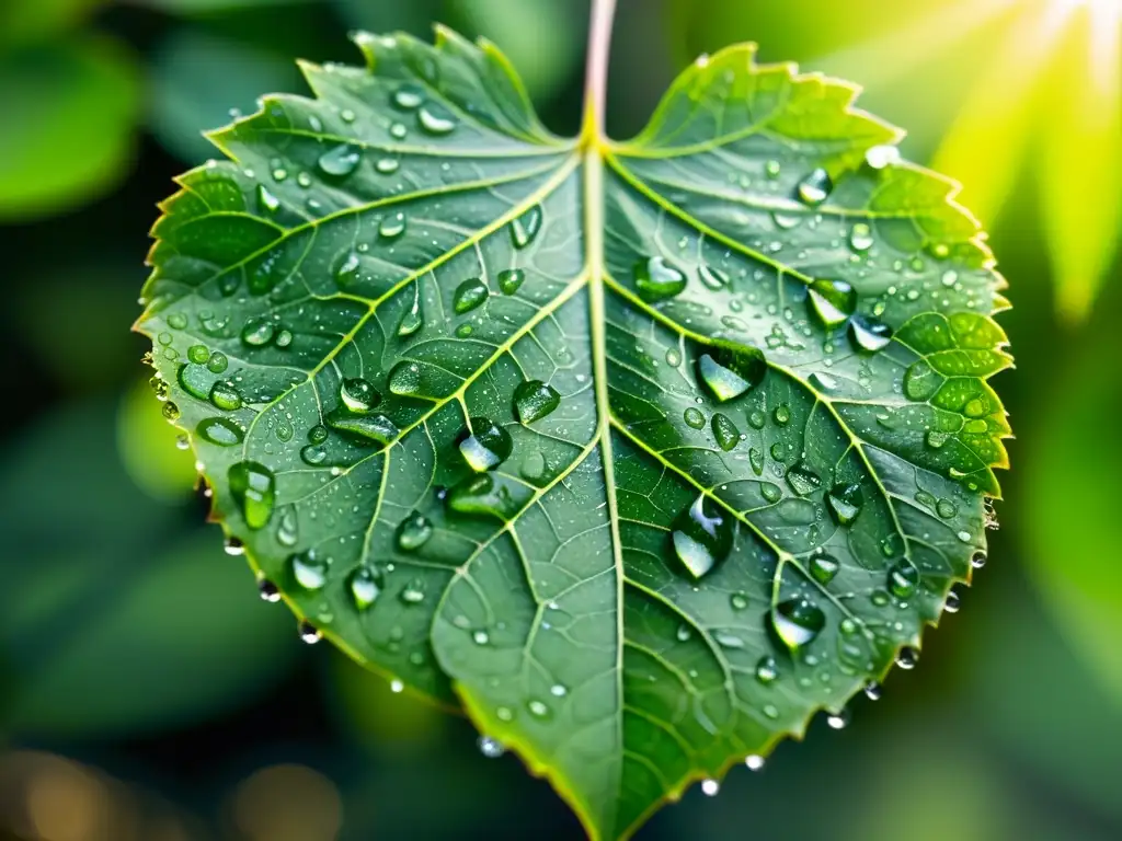 Hoja verde con gotas de agua brillantes Una hoja verde vibrante cubierta de gotas de agua, reflejando la luz del sol y creando un efecto deslumbrante