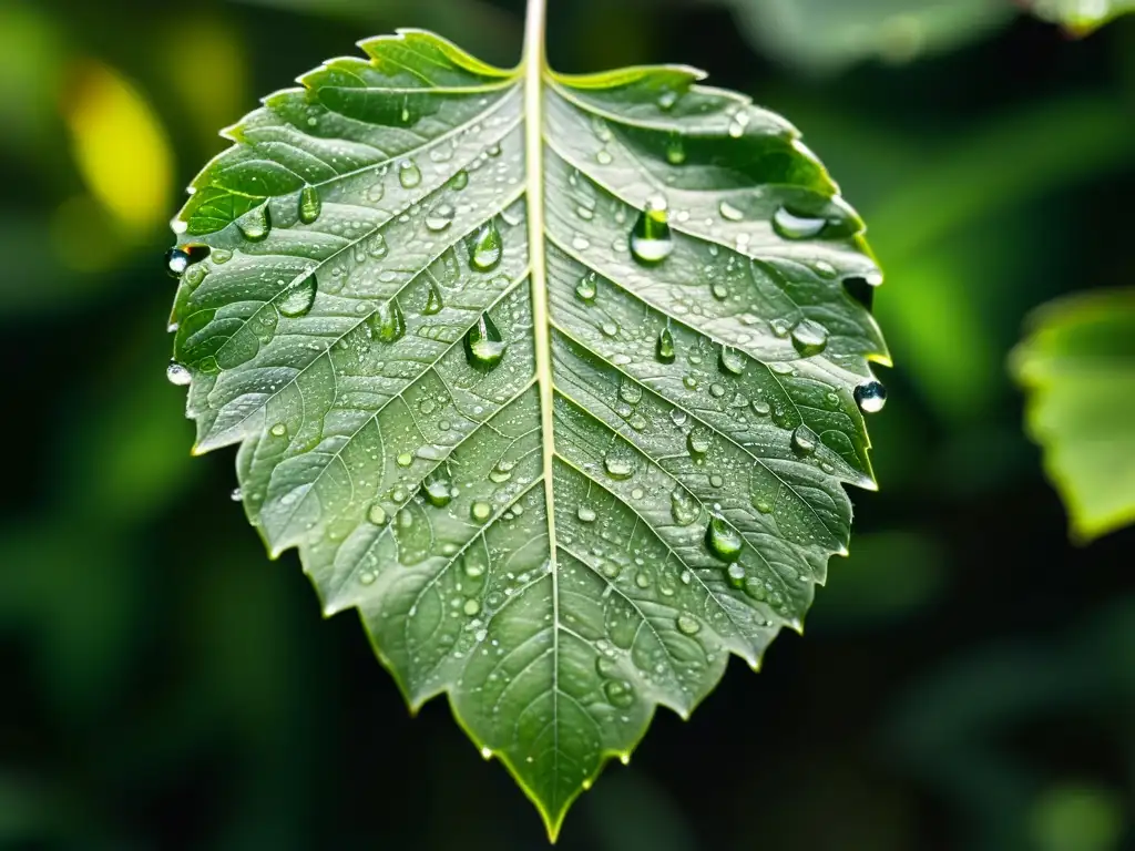 Frescura natural: hoja verde con gotas de agua Una hoja verde vibrante cubierta de delicadas gotas de agua, con luz solar filtrándose entre los árboles
