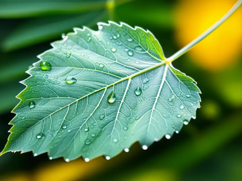 Detalle increíble de hoja verde con gotas de agua Una hoja verde vibrante con detalles intrincados y gotas de agua, irradiando vitalidad y belleza natural
