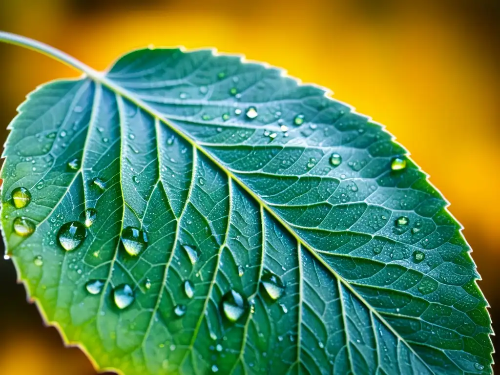 Detalle asombroso de hoja verde con gotas de agua bajo luz cálida Una hoja verde vibrante con gotas de agua, iluminada por el sol