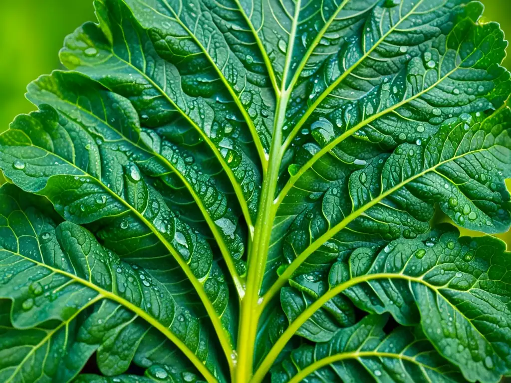 Verde fresco: Detalle de hoja de vegetal con gotas de agua Una hoja verde vibrante con gotas de agua, resaltando la importancia del magnesio para el sistema inmunológico y la salud