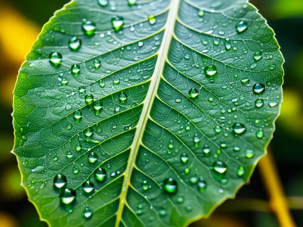 Una hoja verde vibrante con gotas de agua, reflejando la luz del sol