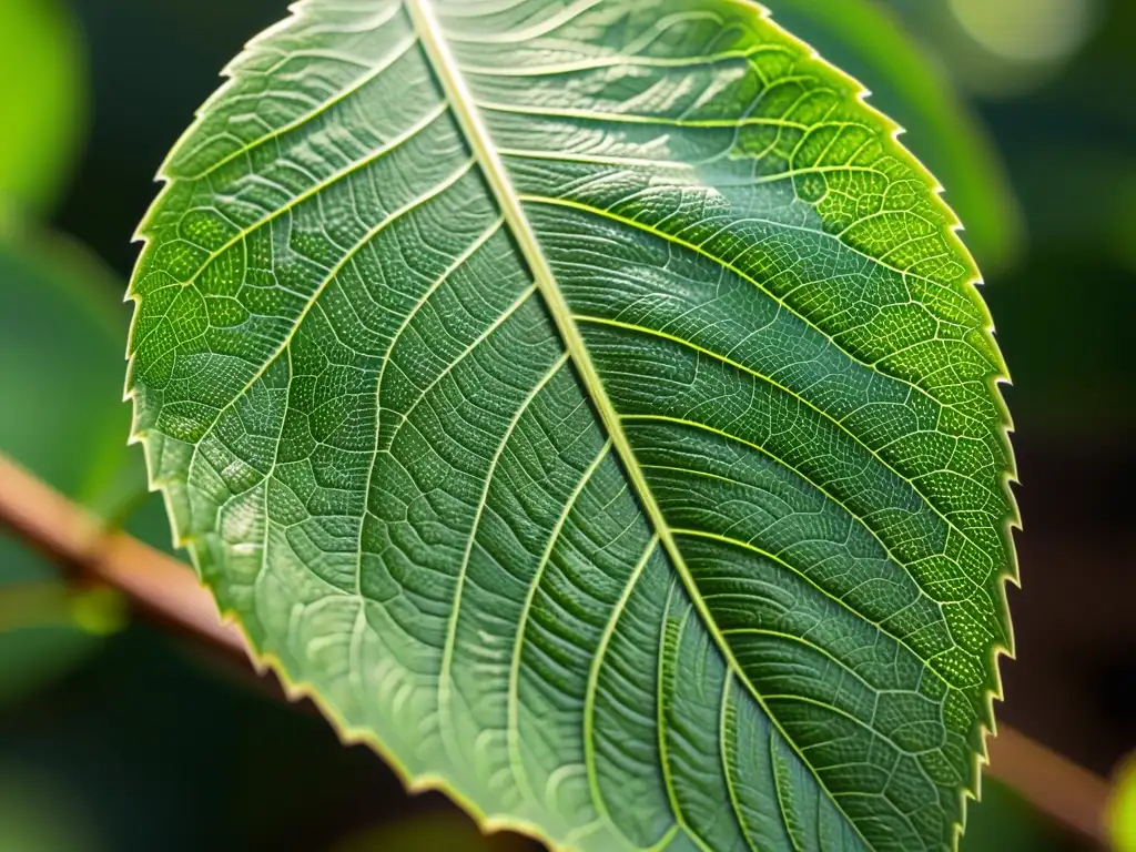 Patrón intrincado de una hoja verde: belleza natural en macro Una hoja verde vibrante muestra intrincados patrones y texturas, iluminada por el sol