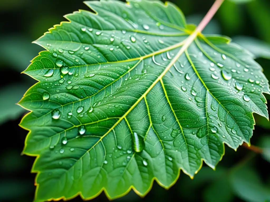Detalle exquisito de hoja verde con gotas de agua Una hoja verde vibrante con venas detalladas y gotas de agua, resplandeciendo al sol