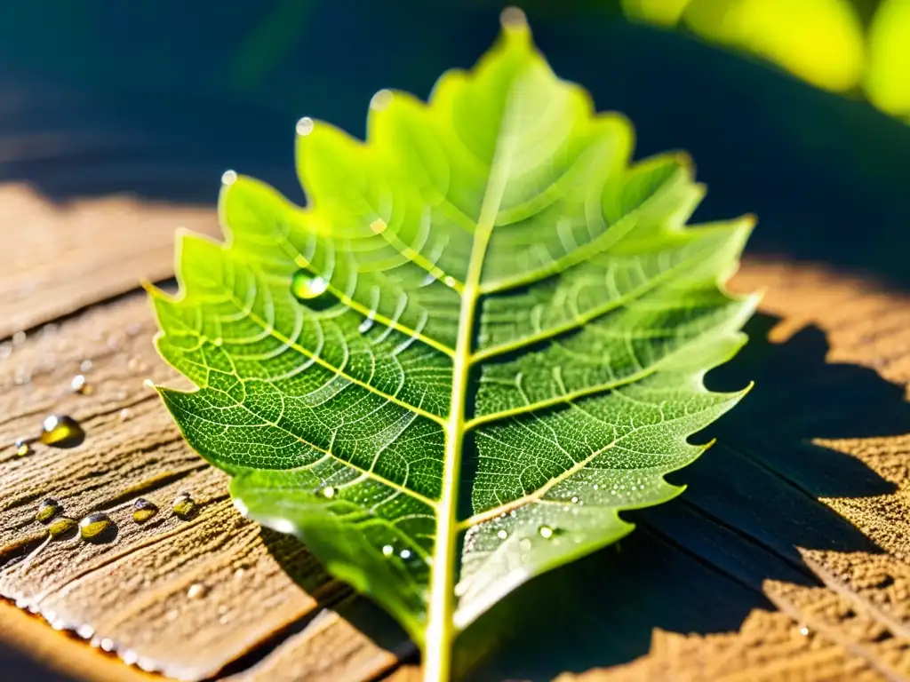 Detalle impresionante de hoja verde con luz y reflejos Una hoja verde vibrante con venas intrincadas y gotas de agua, resplandece con luz solar