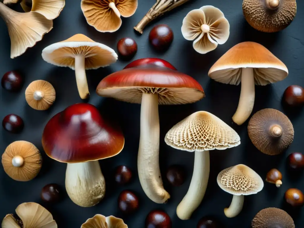 Hongos inmunoestimulantes sistema inmunológico: Detalle de Reishi, Shiitake y Maitake dispuestos en un patrón visualmente atractivo sobre una superficie texturizada oscura