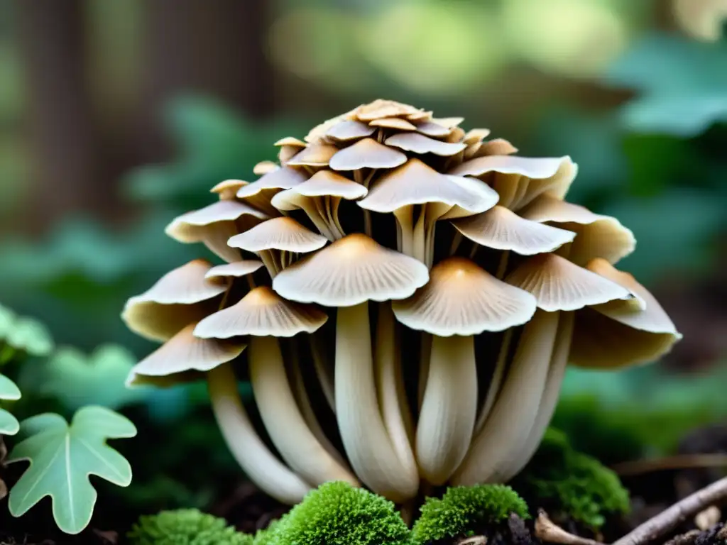 Hongos maitake inmunoestimulantes: detallada imagen de su estructura frondosa y color terroso, con luz brillante resaltando sus delicadas texturas