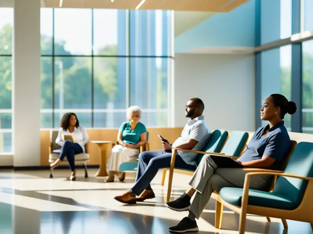 Grupo diverso en sala de espera hospitalaria, ambiente acogedor y calmado Un hospital moderno con personas diversas en una sala de espera, transmitiendo calma y comodidad