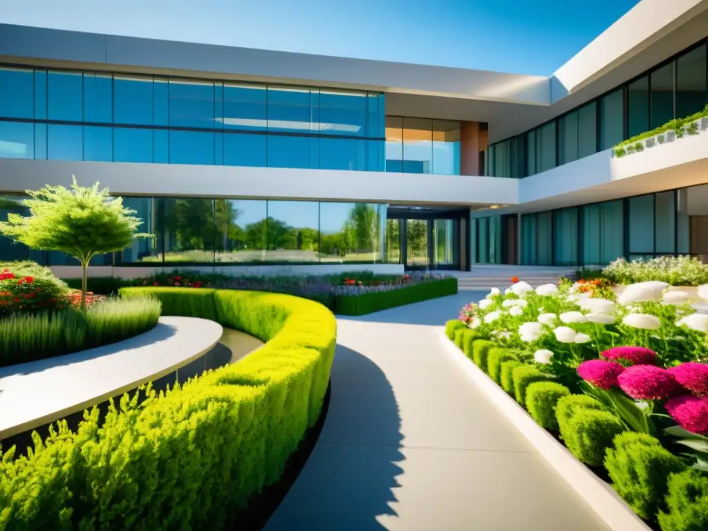 Moderno hospital con paisaje sereno Un hospital moderno y sereno con seguros de salud internacionales mejor cobertura, rodeado de naturaleza y luz cálida