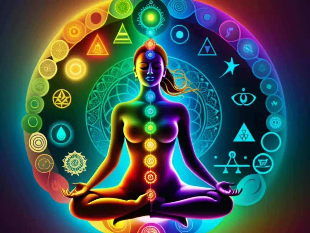 Chakras vibrantes: ilustración detallada del cuerpo humano Una ilustración detallada de chakras vibrantes rodeando el cuerpo humano, irradiando energía y equilibrio