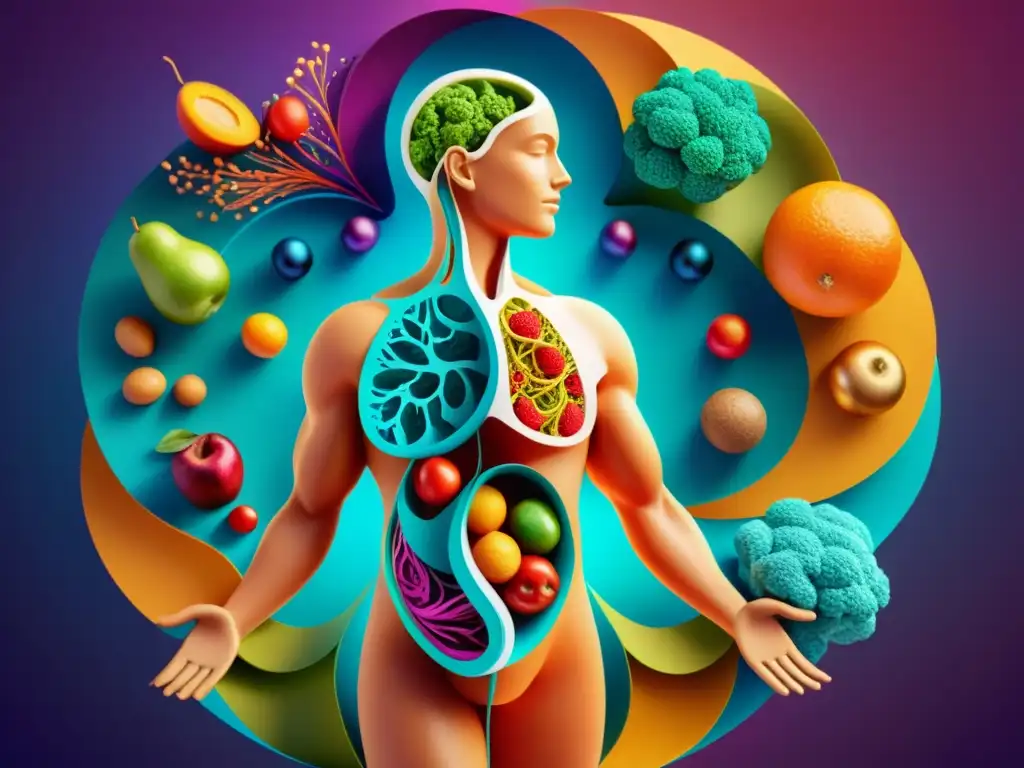 Equilibrio inmunológico: ilustración detallada del cuerpo humano en armonía con el estrés y la salud Una ilustración detallada muestra un cuerpo humano rodeado de hilos vibrantes que representan los sistemas del cuerpo