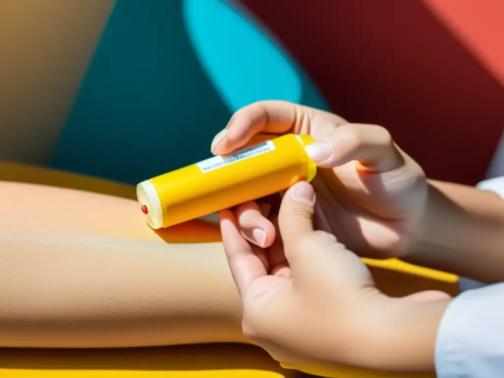 Una ilustración detallada muestra a alguien administrando un EpiPen en una reacción alérgica