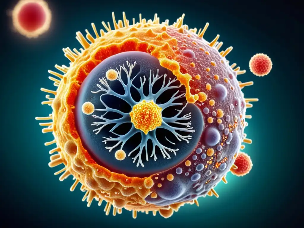Una ilustración detallada en 8k de un macrófago destruyendo una célula infectada por virus